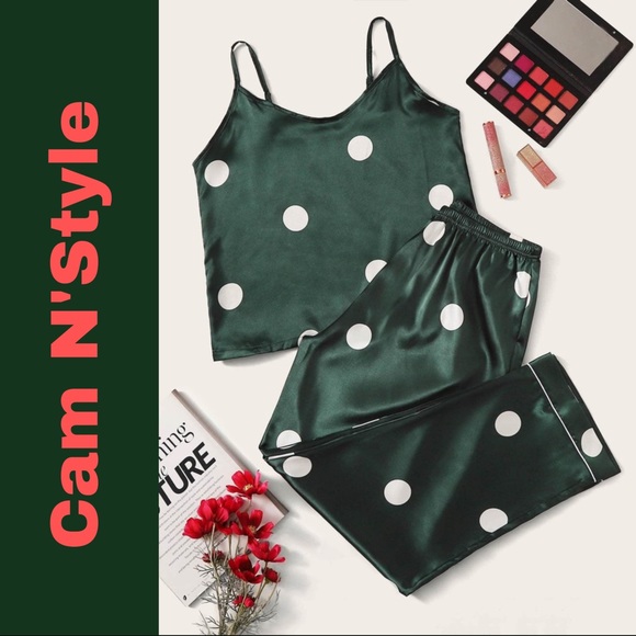 Boutique Other - New Green Polka Dot Satin Silk-Like Pajama Set